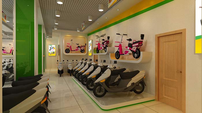 綠源電動(dòng)車(chē)店鋪、店面電動(dòng)車(chē)擺放區(qū)裝修設(shè)計(jì)案例效果圖