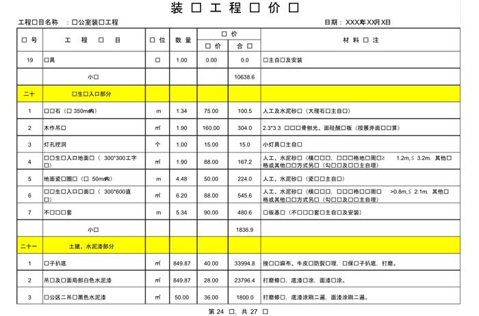 辦公室裝修費用預(yù)算表
